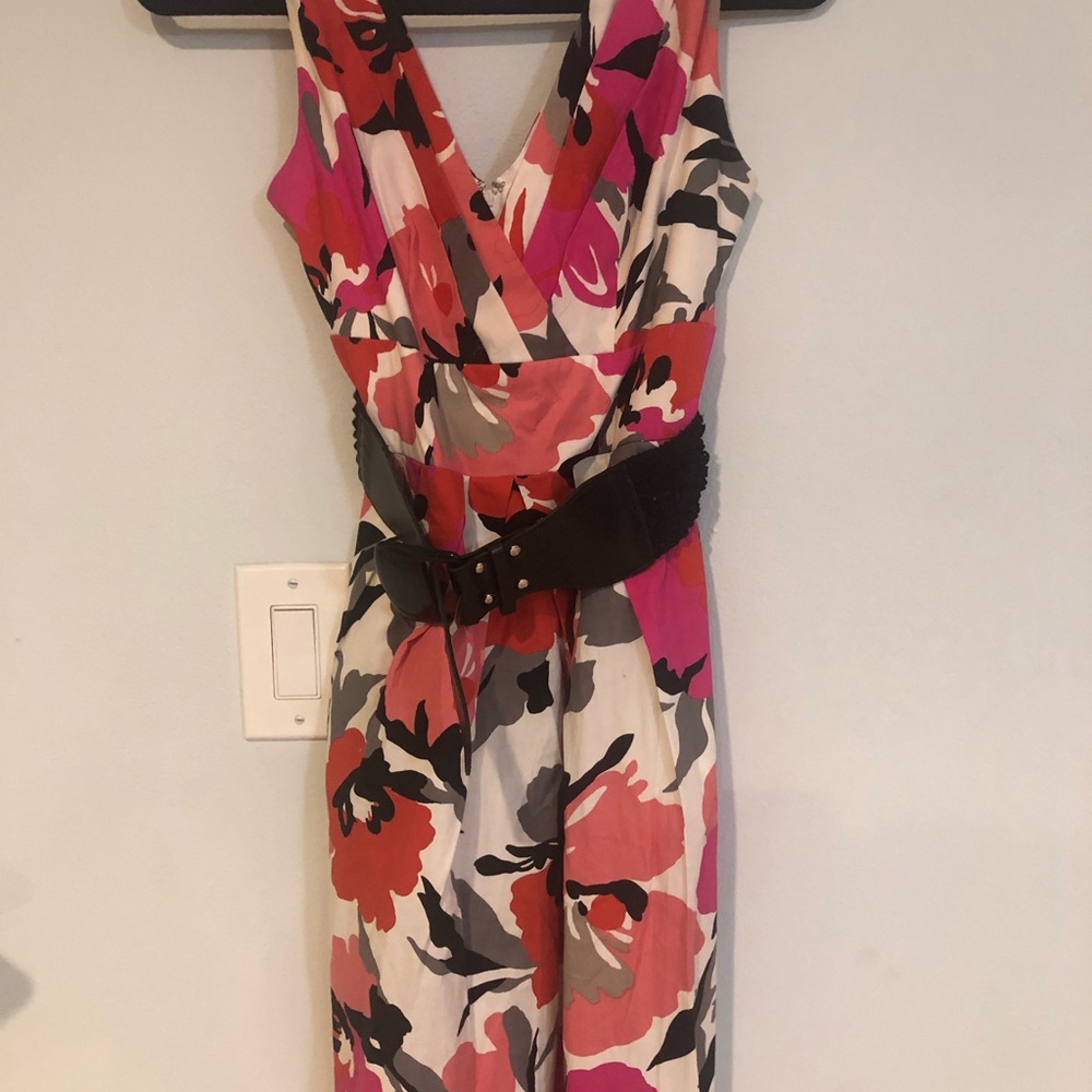Corey P V neck size 4 red, pink, gray, black, and white floral dress